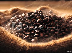 Fototapeta360 x 266  Coffee beans with smoke in burlap sack, 360 x 266 cm