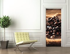 Samolepka na dvee flie 90 x 220  Coffee beans with smoke in burlap sack, 90 x 220 cm