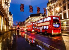 Fototapeta200 x 144  Red Bus on the Rainy Street of London in the Night, United Kingd, 200 x 144 cm