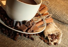 Fototapeta vliesov 145 x 100, 42677885 - cup of coffee and beans, cinnamon sticks and chocolate