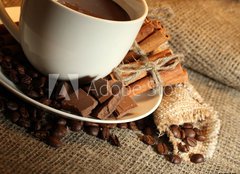 Fototapeta160 x 116  cup of coffee and beans, cinnamon sticks and chocolate, 160 x 116 cm