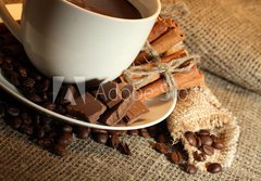 Fototapeta184 x 128  cup of coffee and beans, cinnamon sticks and chocolate, 184 x 128 cm