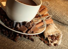 Fototapeta200 x 144  cup of coffee and beans, cinnamon sticks and chocolate, 200 x 144 cm