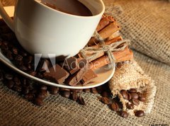 Fototapeta270 x 200  cup of coffee and beans, cinnamon sticks and chocolate, 270 x 200 cm