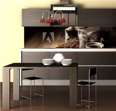 Fototapeta do kuchyn flie 260 x 60  Coffee cup with burlap sack of roasted beans on rustic table, 260 x 60 cm