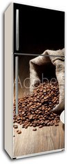 Samolepka na lednici flie 80 x 200  Coffee cup with burlap sack of roasted beans on rustic table, 80 x 200 cm