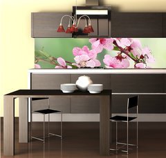 Fototapeta do kuchyn flie 260 x 60  beautiful pink peach blossom on green background, 260 x 60 cm