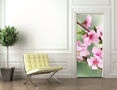 Samolepka na dvee flie 90 x 220  beautiful pink peach blossom on green background, 90 x 220 cm