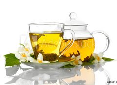 Samolepka flie 100 x 73, 42891887 - green tea with jasmine in cup and teapot isolated on white - zelen aj s jasmnem v lku a ajov konvice izolovanch na blm