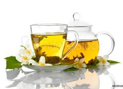 Fototapeta pltno 160 x 116, 42891887 - green tea with jasmine in cup and teapot isolated on white - zelen aj s jasmnem v lku a ajov konvice izolovanch na blm