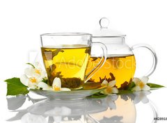 Fototapeta pltno 330 x 244, 42891887 - green tea with jasmine in cup and teapot isolated on white