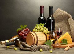 Fototapeta vliesov 100 x 73, 42933709 - barrel, bottles and glasses of wine, cheese and ripe grapes