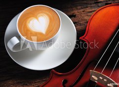 Samolepka flie 100 x 73, 42963214 - Latte art and violin on wooden table - Latte umn a housle na devnm stole