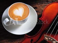 Samolepka flie 270 x 200, 42963214 - Latte art and violin on wooden table