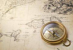 Fototapeta174 x 120  old compass and rope on vintage map 1732, 174 x 120 cm