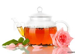 Samolepka flie 100 x 73, 43208895 - teapot of tea with rose isolated on white - ajov konvice s r izolovanch na blm