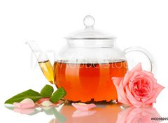 Samolepka flie 100 x 73, 43208895 - teapot of tea with rose isolated on white
