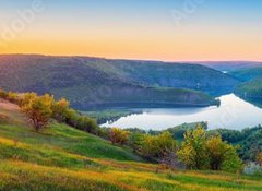 Samolepka flie 100 x 73, 434259708 - Vivid sunrise landscape in the national nature park Podilski Tovtry, canyon and Studenytsia river is tributary of Dnister river, view from above