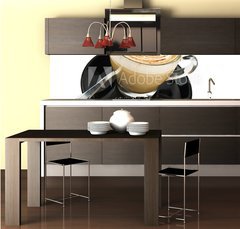 Fototapeta do kuchyn flie 260 x 60  cup of cappuccino with artistic cream decoration, 260 x 60 cm