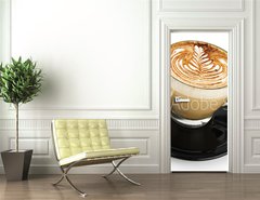 Samolepka na dvee flie 90 x 220  cup of cappuccino with artistic cream decoration, 90 x 220 cm