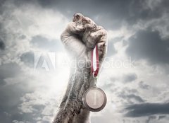 Fototapeta240 x 174  Male hand holding gold medal against the dramatic sky, 240 x 174 cm