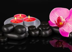 Samolepka flie 100 x 73, 44325294 - Spa stones with orchid flower and candles isolated on black - Lzesk kameny s orchidejovou kvtinou a svky izolovan na ernm