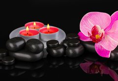 Fototapeta pltno 174 x 120, 44325294 - Spa stones with orchid flower and candles isolated on black