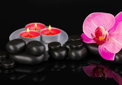 Fototapeta papr 184 x 128, 44325294 - Spa stones with orchid flower and candles isolated on black
