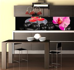 Fototapeta do kuchyn flie 260 x 60, 44325294 - Spa stones with orchid flower and candles isolated on black