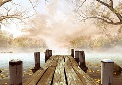 Fototapeta174 x 120  Jesienna sceneria z drewnianym molo na jeziorze, 174 x 120 cm