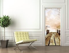 Samolepka na dvee flie 90 x 220  Jesienna sceneria z drewnianym molo na jeziorze, 90 x 220 cm