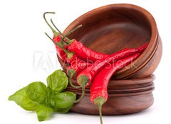 Fototapeta vliesov 100 x 73, 44639142 - Hot red chili or chilli pepper in wooden bowls stack - Hork erven chilli nebo papriku papriky v devn msy zsobnku