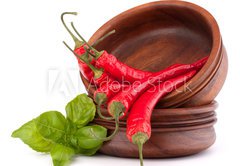 Fototapeta vliesov 145 x 100, 44639142 - Hot red chili or chilli pepper in wooden bowls stack - Hork erven chilli nebo papriku papriky v devn msy zsobnku