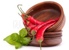 Fototapeta160 x 116  Hot red chili or chilli pepper in wooden bowls stack, 160 x 116 cm