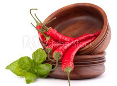Fototapeta pltno 330 x 244, 44639142 - Hot red chili or chilli pepper in wooden bowls stack