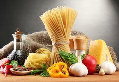 Fototapeta174 x 120  Pasta spaghetti, vegetables and spices,, 174 x 120 cm