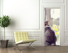 Samolepka na dvee flie 90 x 220, 44792547 - cat sitting on the windowsill in the flowers on the background o