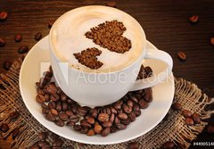Fototapeta184 x 128  Latte on wooden table on brown background, 184 x 128 cm