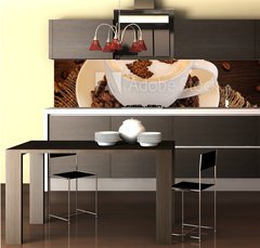 Fototapeta do kuchyn flie 260 x 60  Latte on wooden table on brown background, 260 x 60 cm