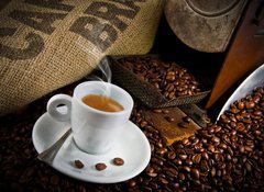 Samolepka flie 100 x 73, 45158931 - Coffee smoking on the coffee beans background - Kva kouen na pozad kvovch zrn