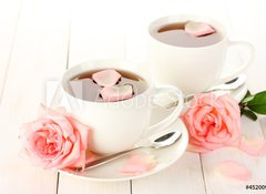 Samolepka flie 100 x 73, 45200948 - cups of tea with roses on white wooden table