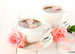 Samolepka flie 200 x 144, 45200948 - cups of tea with roses on white wooden table