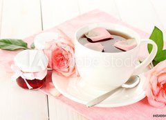 Fototapeta160 x 116  cup of tea with roses and jam on white wooden table, 160 x 116 cm