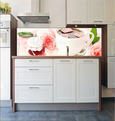 Fototapeta do kuchyn flie 180 x 60, 45499429 - cup of tea with roses and jam on white wooden table