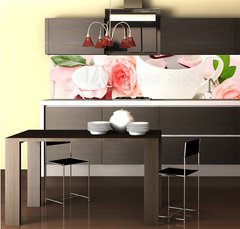 Fototapeta do kuchyn flie 260 x 60  cup of tea with roses and jam on white wooden table, 260 x 60 cm