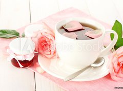 Fototapeta270 x 200  cup of tea with roses and jam on white wooden table, 270 x 200 cm