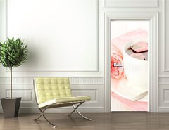 Samolepka na dvee flie 90 x 220, 45499429 - cup of tea with roses and jam on white wooden table