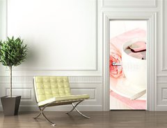 Samolepka na dvee flie 90 x 220  cup of tea with roses and jam on white wooden table, 90 x 220 cm