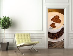 Samolepka na dvee flie 90 x 220  Latte on wooden table on brown background, 90 x 220 cm