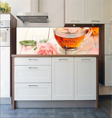 Fototapeta do kuchyn flie 180 x 60  teapot and cup of tea with roses on white wooden table, 180 x 60 cm